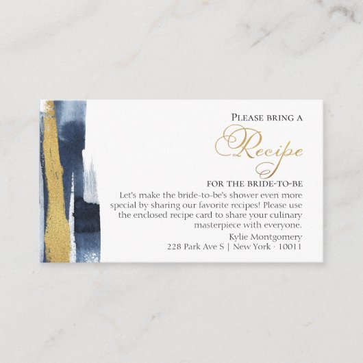 レシピ要求 |抽象芸術金ゴールドブルーブライダルシャワー エンクロージャーカード (正面)
