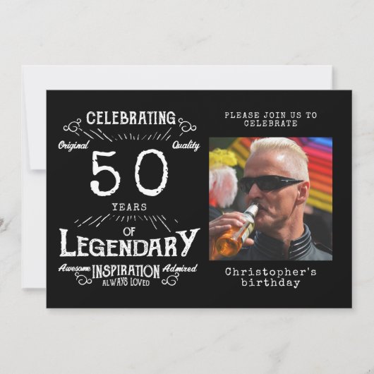 レジェンド50誕生日フォトブラックヴィンテージ 招待状 (正面)
