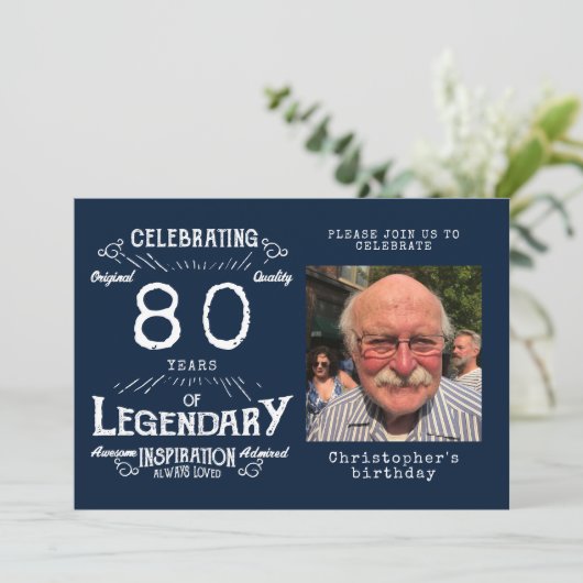 レジェンド80誕生日フォトブルーヴィンテージ 招待状 (スタンド正面)