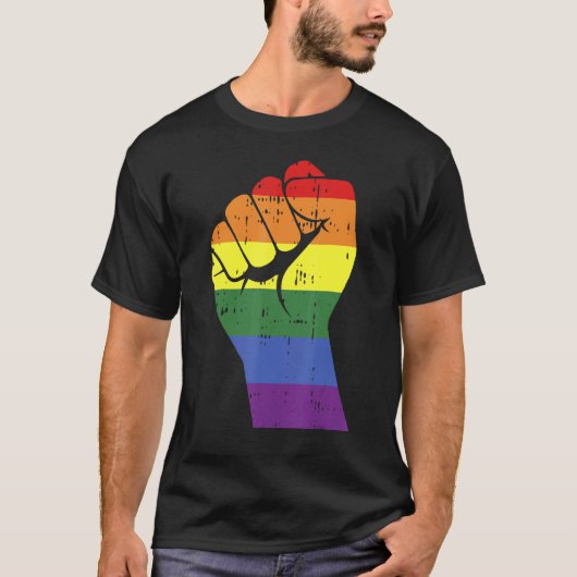 レジストファーストレトロレインボーLgbtプライドハンドゲイLgbt Tシャツ (正面)