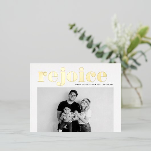 レジョイスはっきりしたタイポグラフィモダン写真クリスマス 箔シーズンポストカード (立ち正面)