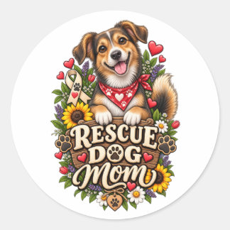 レスキュー犬ママ かわいい肉球プリントの花柄の犬 ラウンドシール