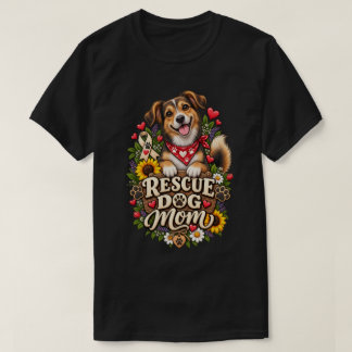 レスキュー犬ママ かわいい肉球プリントの花柄の犬 Tシャツ