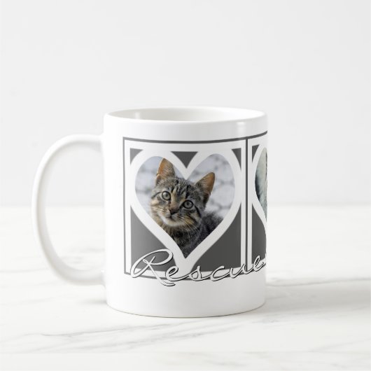 レスキュー猫ママ3枚フォトハートフレームグレー コーヒーマグカップ (左)
