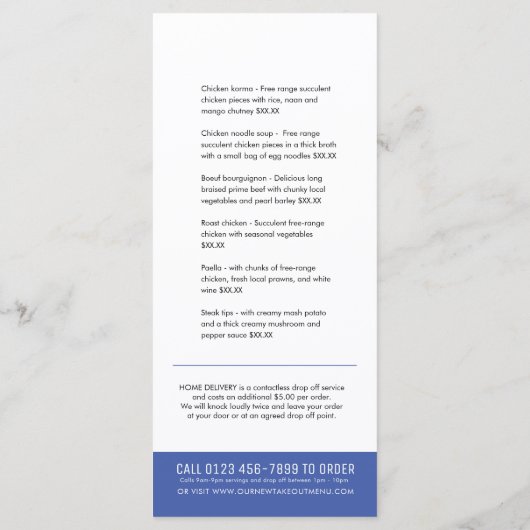 レストランの新しいテイクアウトメニュー青 メニュー (裏面)