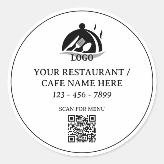 レストランまたはカフェのカスタムロゴQRコード ラウンドシール (正面)