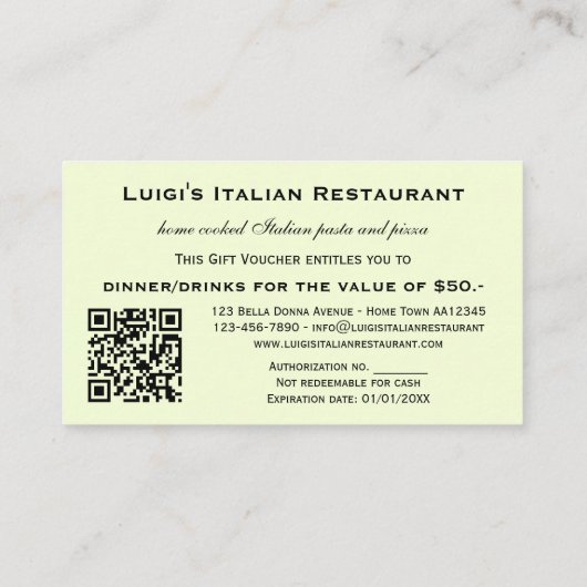 レストランイタリアンギフト券テンプレート 割引カード (裏面)