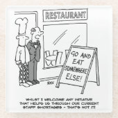 レストランホスピタリティスタッフ不足。おもしろい ガラスコースター (正面)