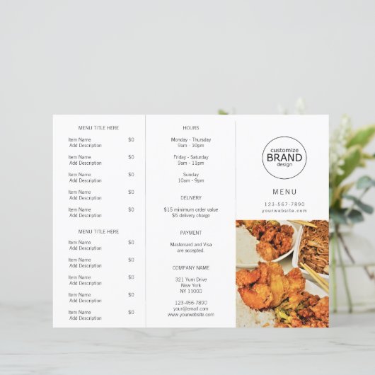 レストランモダンテイクアウトロゴ写真3つ折メニュー (スタンド正面)