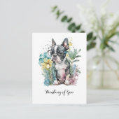 レスト「ボストン」フェイス ボストン子犬 メガネ 花 ポストカード (スタンド正面)