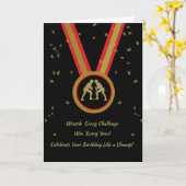 レスラー誕生日黒金ゴールドと赤メダルチャンプ カード (黄色い花)