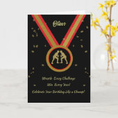 レスラー誕生日黒金ゴールドと赤メダルチャンプ カード (黄色い花)