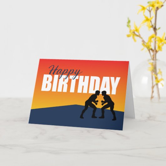 レスリング誕生日オンブルー&オレンジアスリート カード (黄色い花)