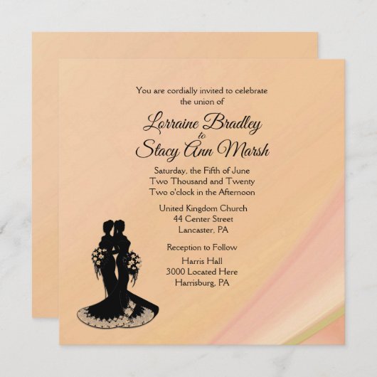 レズエレガントビアン。結婚式招待状桃 招待状 (正面/裏面)