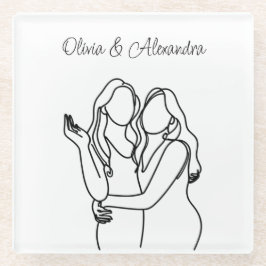 レズパーソナライズされたビアンカップルのラインアート ガラスコースター