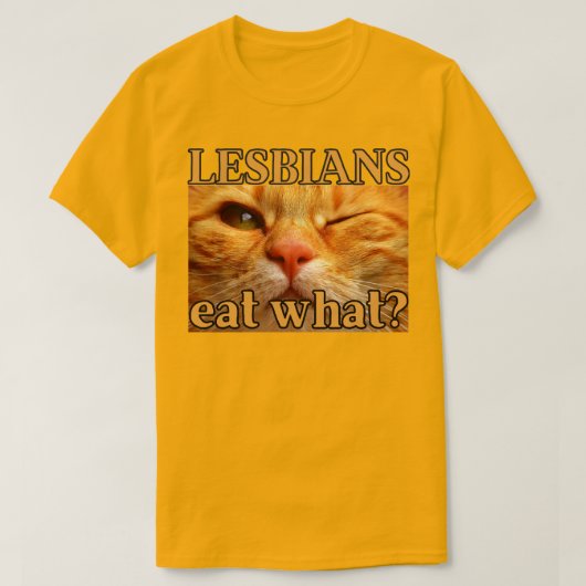 レズビアンって何食べるの?面白いオレンジ色の猫 Tシャツ (デザイン正面)