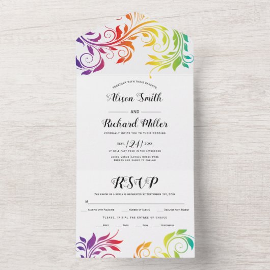レズビアンのレインボー色のスクロール葉ゲイ結婚の オールインワン招待状 (内側)