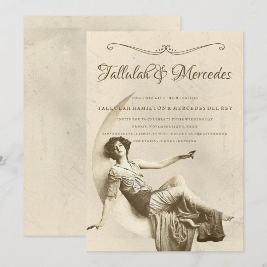 レズビアンの月のヴィンテージ結婚式 招待状 (正面/裏面)