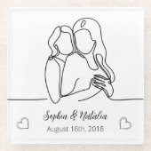 レズビアンエレガントパーソナライズされた周年記念ラインアート ガラスコースター (正面)