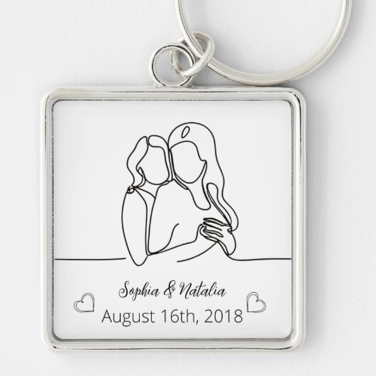 レズビアンエレガントパーソナライズされた周年記念ラインアート キーホルダー (正面)