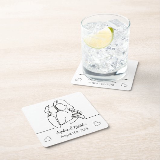 レズビアンエレガントパーソナライズされた周年記念ラインアート スクエアペーパーコースター (インサイチュ)