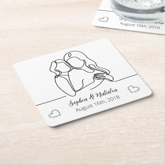 レズビアンエレガントパーソナライズされた周年記念ラインアート スクエアペーパーコースター (アングル)