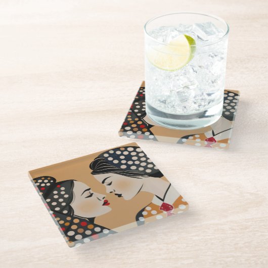 レズビアンカップルと抽象芸術ドット ガラスコースター (アングル)