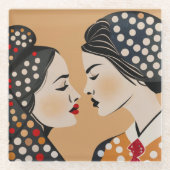 レズビアンカップルと抽象芸術ドット ガラスコースター (正面)