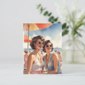 レズビアンカップルのレトロサフィックビーチパーティー ポストカード (スタンド正面)