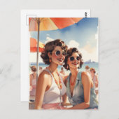 レズビアンカップルのレトロサフィックビーチパーティー ポストカード (正面/裏面)