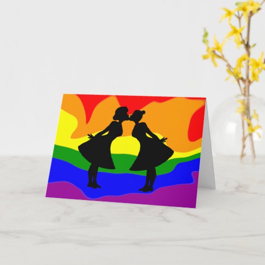 レズビアンカップルシルエット誕生日グリーティングカード カード (黄色い花)
