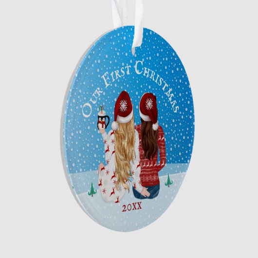 レズビアンカップル第1回クリスマススノーフォトゲイオーネーム オーナメント (正面)