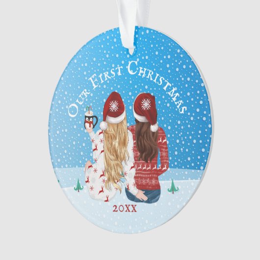 レズビアンカップル第1回クリスマススノーフォトゲイオーネーム オーナメント (正面)