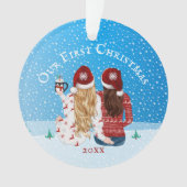 レズビアンカップル第1回クリスマススノーフォトゲイオーネーム オーナメント (正面)