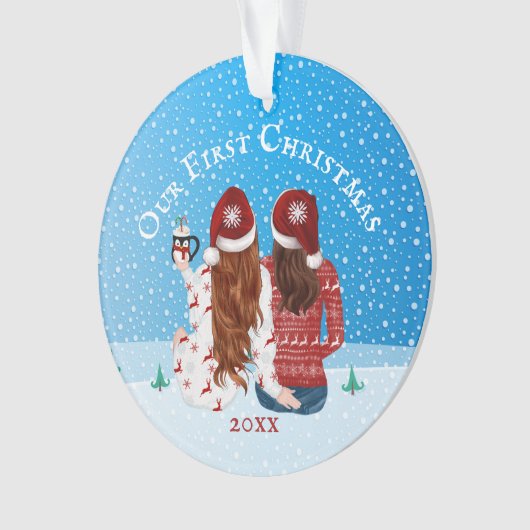 レズビアンカップル第1回クリスマススノーフォトゲイ オーナメント (正面)