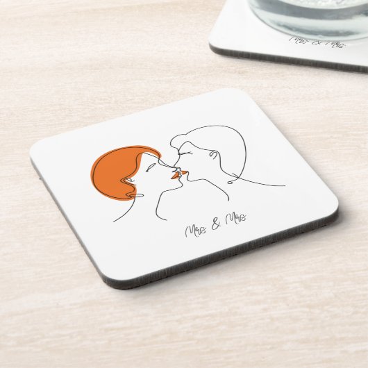 レズビアンキス抽象芸術ラインアートパーソナライズされた コースター (左側)