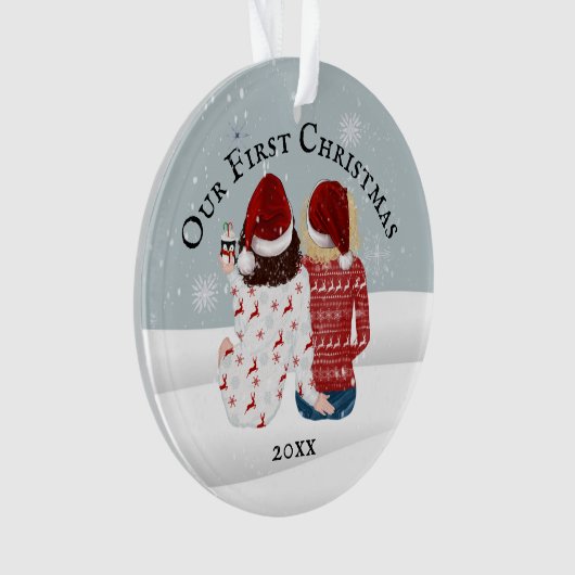 レズビアンゲイカップルDIYフォト初めてのクリスマススノウ オーナメント (正面)