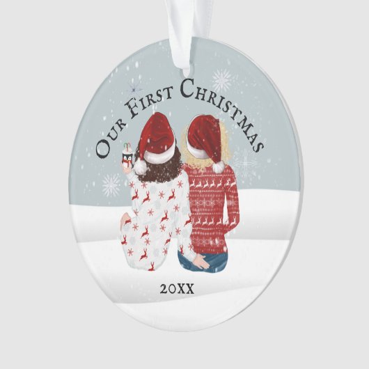 レズビアンゲイカップルDIYフォト初めてのクリスマススノウ オーナメント (正面)