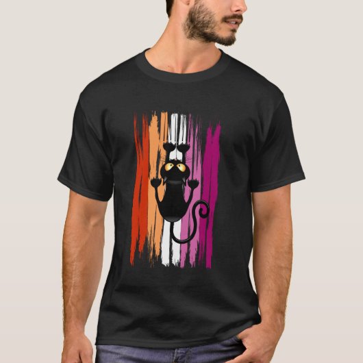 レズビアンプライドカラーの面白い猫の登攀 Tシャツ (正面)