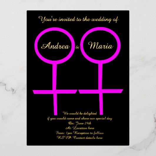 レズビアンラバーズカスタムウェディング招待状 箔シーズンポストカード (正面)