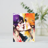 レズビアンラバーズカラフルキス絵を描(ばちゃばちゃ)跳ねる ポストカード (スタンド正面)