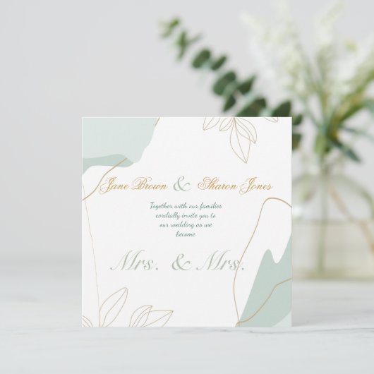 レズビアン二人のためのグリーンと水彩のウェディング 招待状 (スタンド正面)