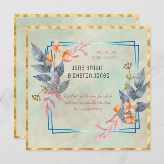 レズビアン二人の花のウェディング水彩画の美しい招待状 招待状 (正面/裏面)
