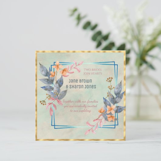レズビアン二人の花のウェディング水彩画の美しい招待状 招待状 (スタンド正面)