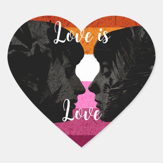 レズビアン国旗と2人の女性シルエット ハートシール (正面)