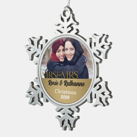 レズビアン夫人のクリスマス金ゴールド スノーフレークピューターオーナメント (右)