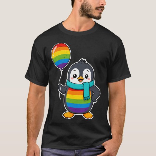 レズビアン ゲイ プライド アライ LGBT 虹色の旗 ペンギン Tシャツ (正面)