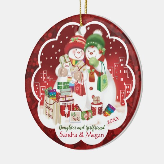レズビアン、娘およびガールフレンドのかわいい雪の女性、 セラミックオーナメント (左)