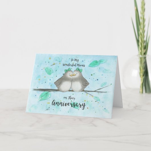 レズビアンMums親の記念日かわいいラブバード カード (正面)