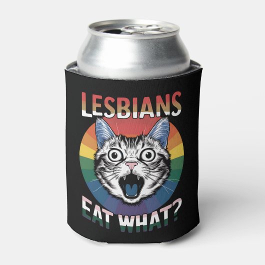 レズ食べビアズ猫ユーモアLGBTQプライド国旗 缶クーラー (缶正面)